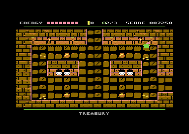 The Treasury, a room of brown stone with treasure chests along the walls.