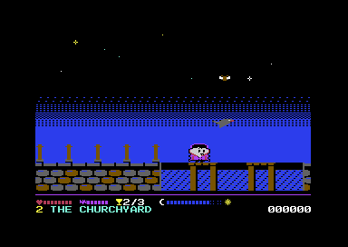 Oscar crossing a wooden bridge over blue water at night, with a bat flying above.