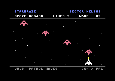 Starbraze in play, red enemy ships in formation over a black star field and the white player ship at the bottom.