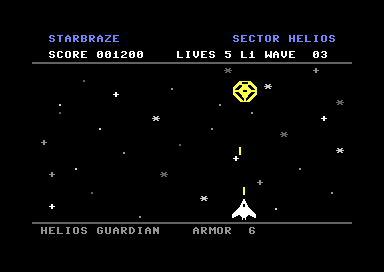 The Advanced Edition of Starbraze, with the yellow Helios Guardian patrolling the top of a moving star field and a plasma bolt falling towards the player.
